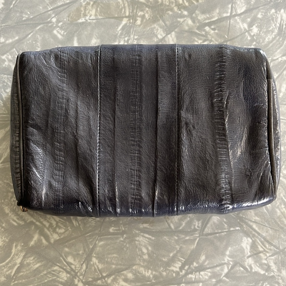 VTG Eel Skin Makeup Case Mirror Kiss Lock Wallet Clutch Gray - Picture 2 of 6